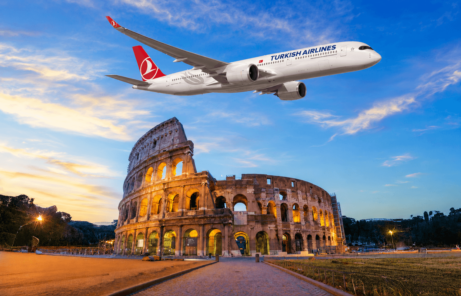 Turkish Airlines aircraft flying over Rome's illuminated Colosseum at dusk
