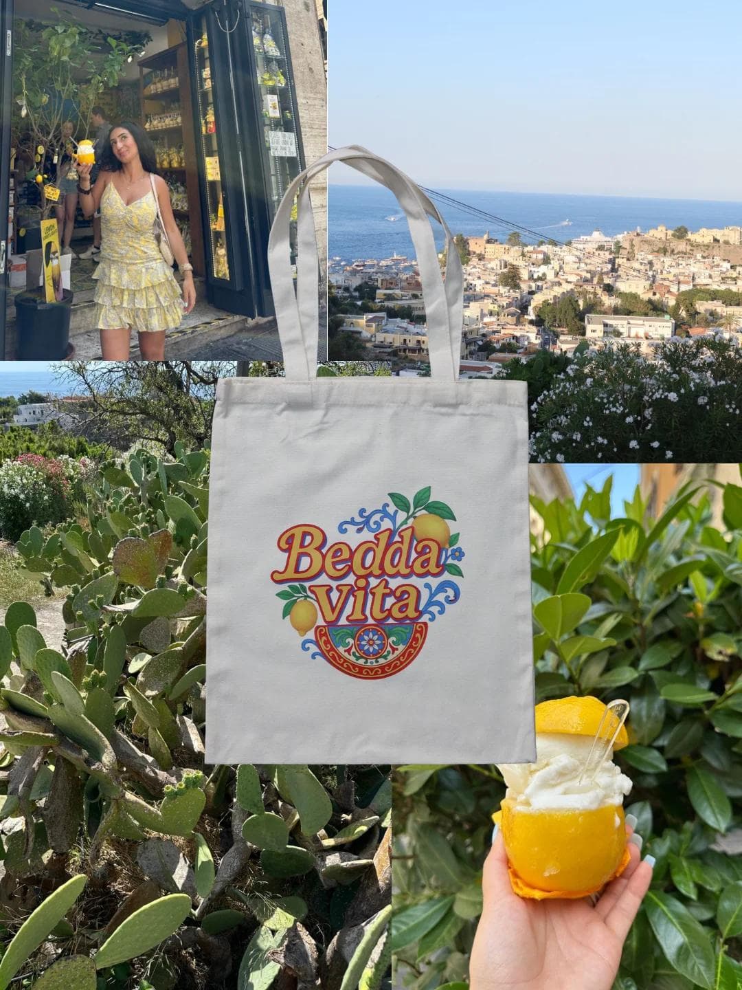 Bedda Vita tote bag with lemon logo among Sicilian scenery collage