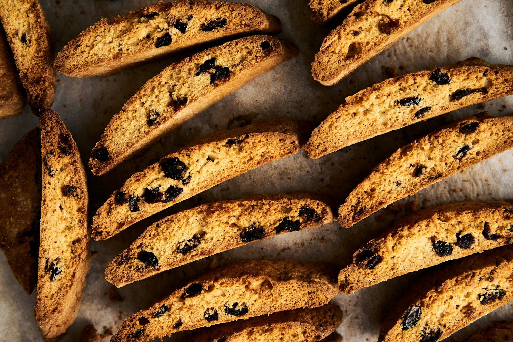 Close-up of a tray of golden biscotti