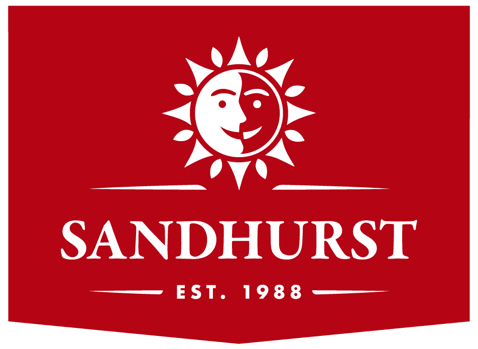 Sandhurst wine label logo, established 1988, sun face with smiling expression on red background