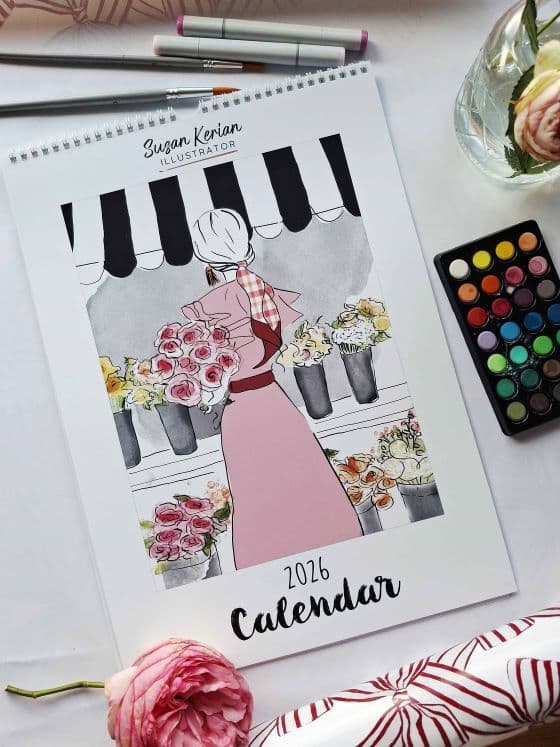 Illustrated 2026 calendar by Susan Kerian with art supplies