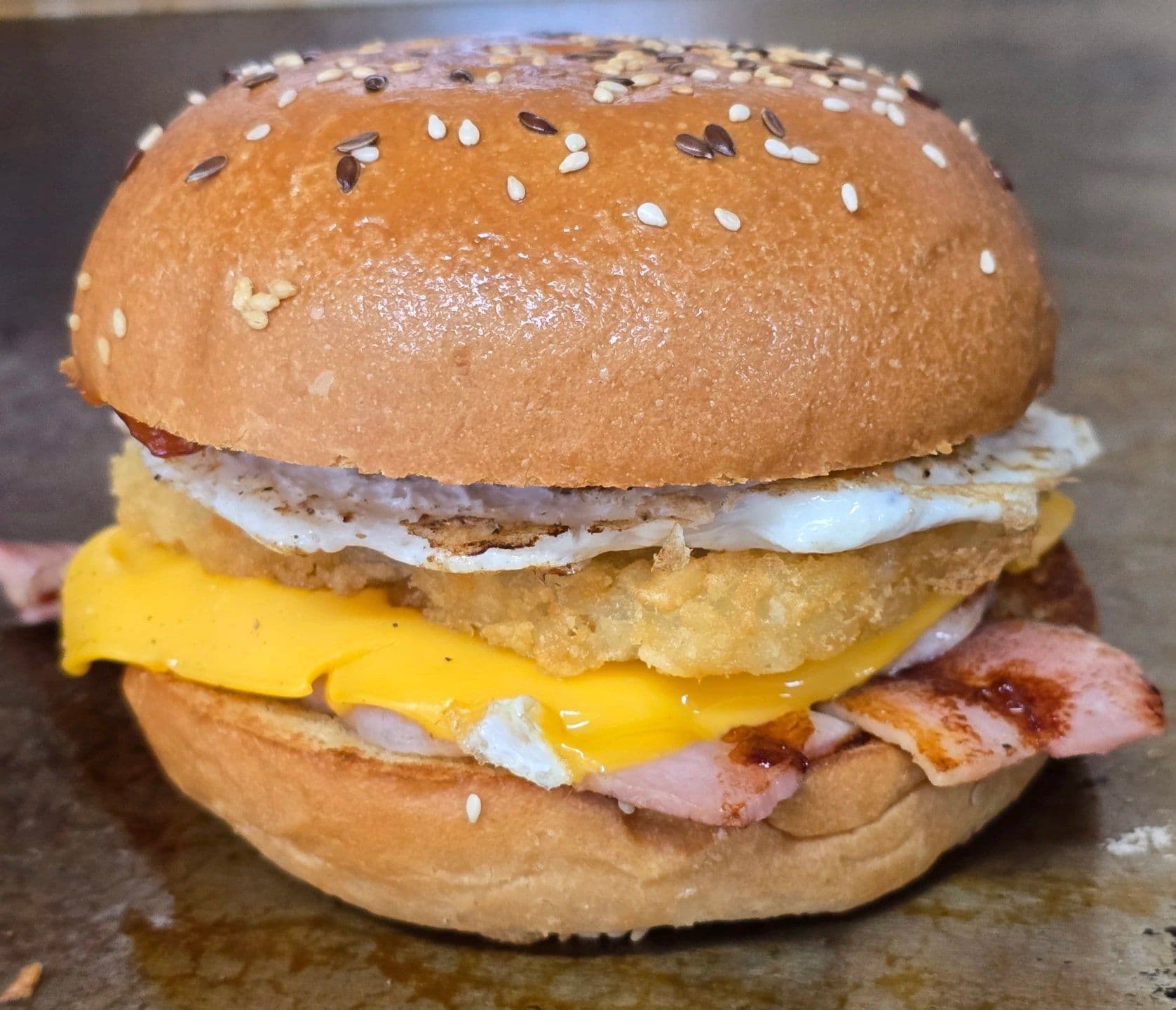 Loaded burger with egg and bacon