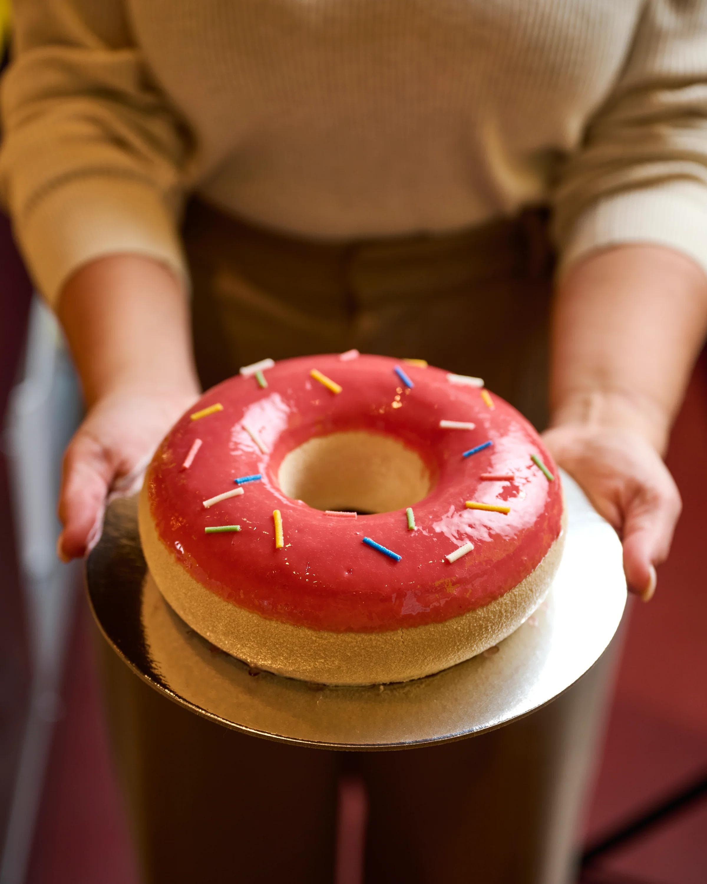 Hands holding a pink glazed donut cake with sprinkles