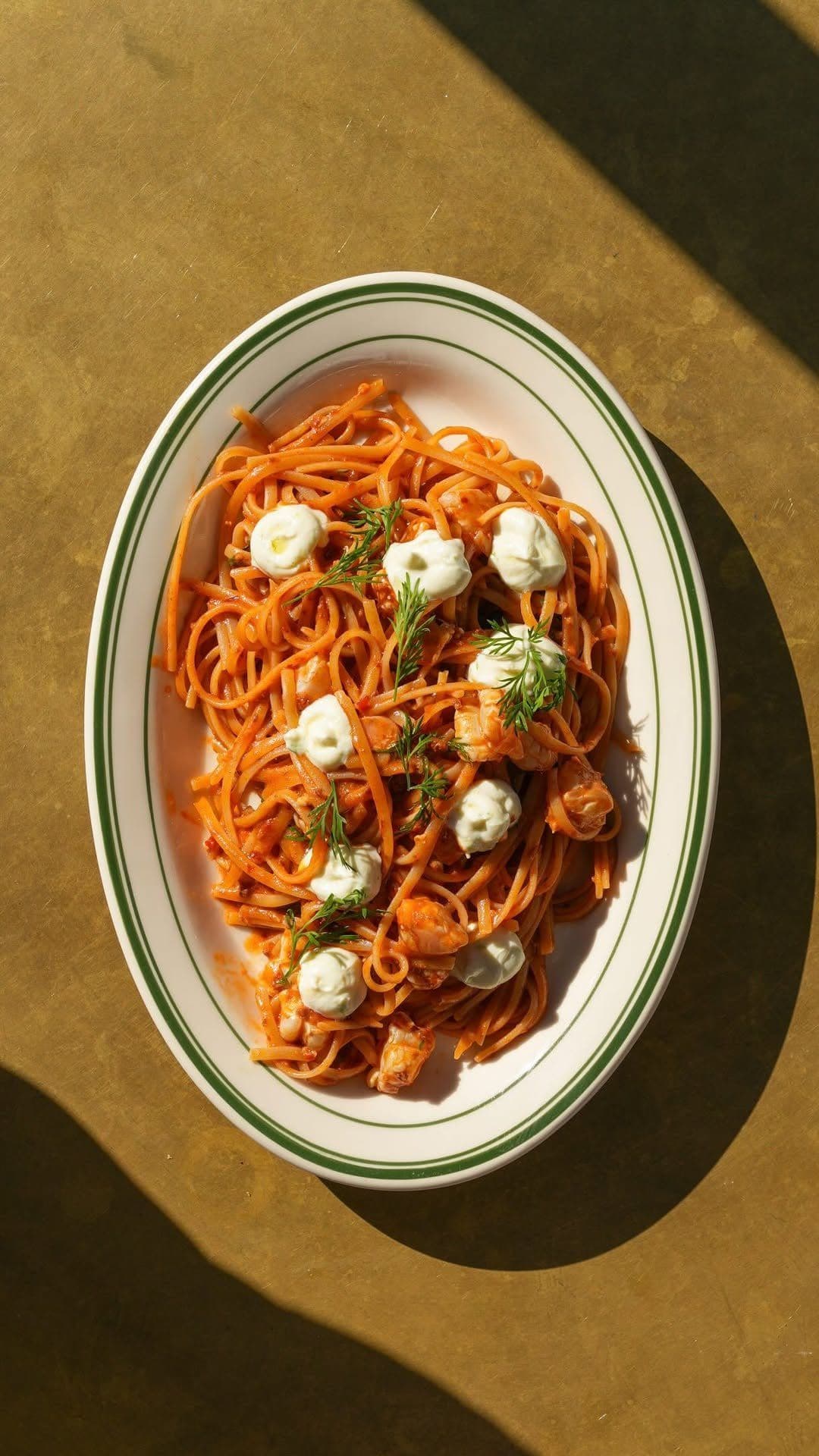 Plate of spaghetti with meatballs and stracciatella