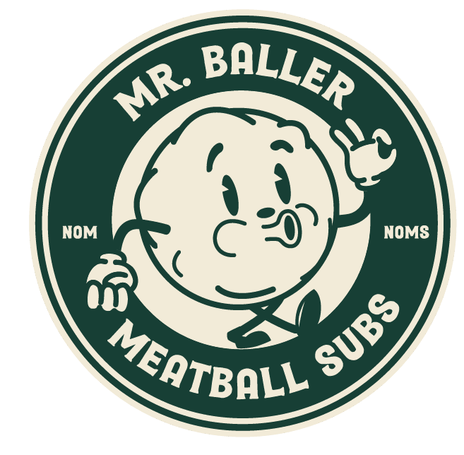 Mr Baller Meatball Subs circular logo with cartoon meatball character