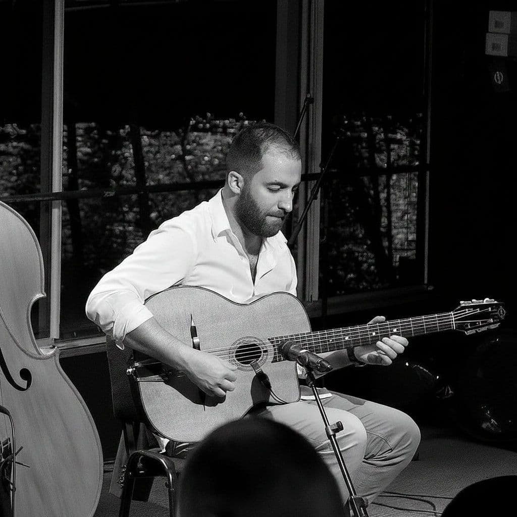 Three musicians performing live jazz on stage in a club setting, featuring two acoustic guitar players and an upright bassist, with a 'Jazz Club' sign visible in the background.