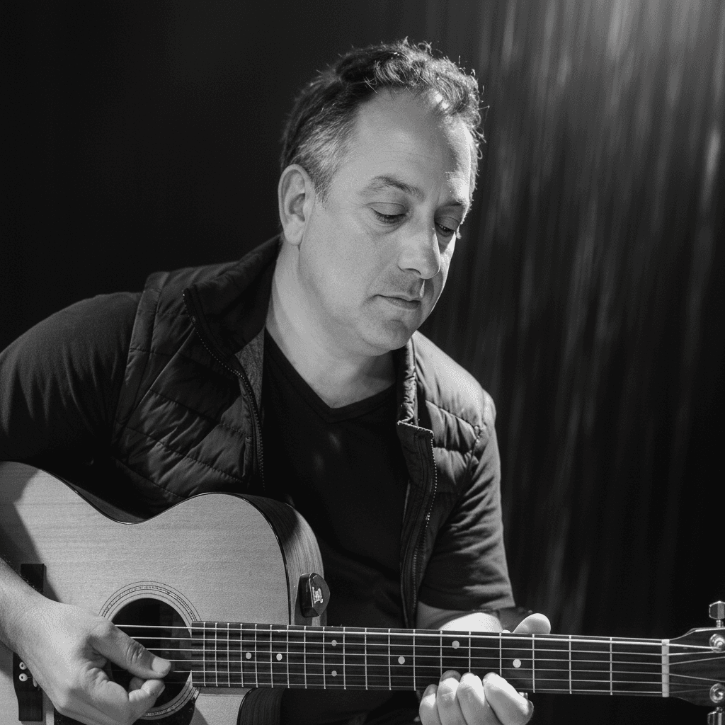 A man wearing a black quilted jacket and dark pants sits and plays an acoustic guitar under purple stage lighting against a dark curtain background.