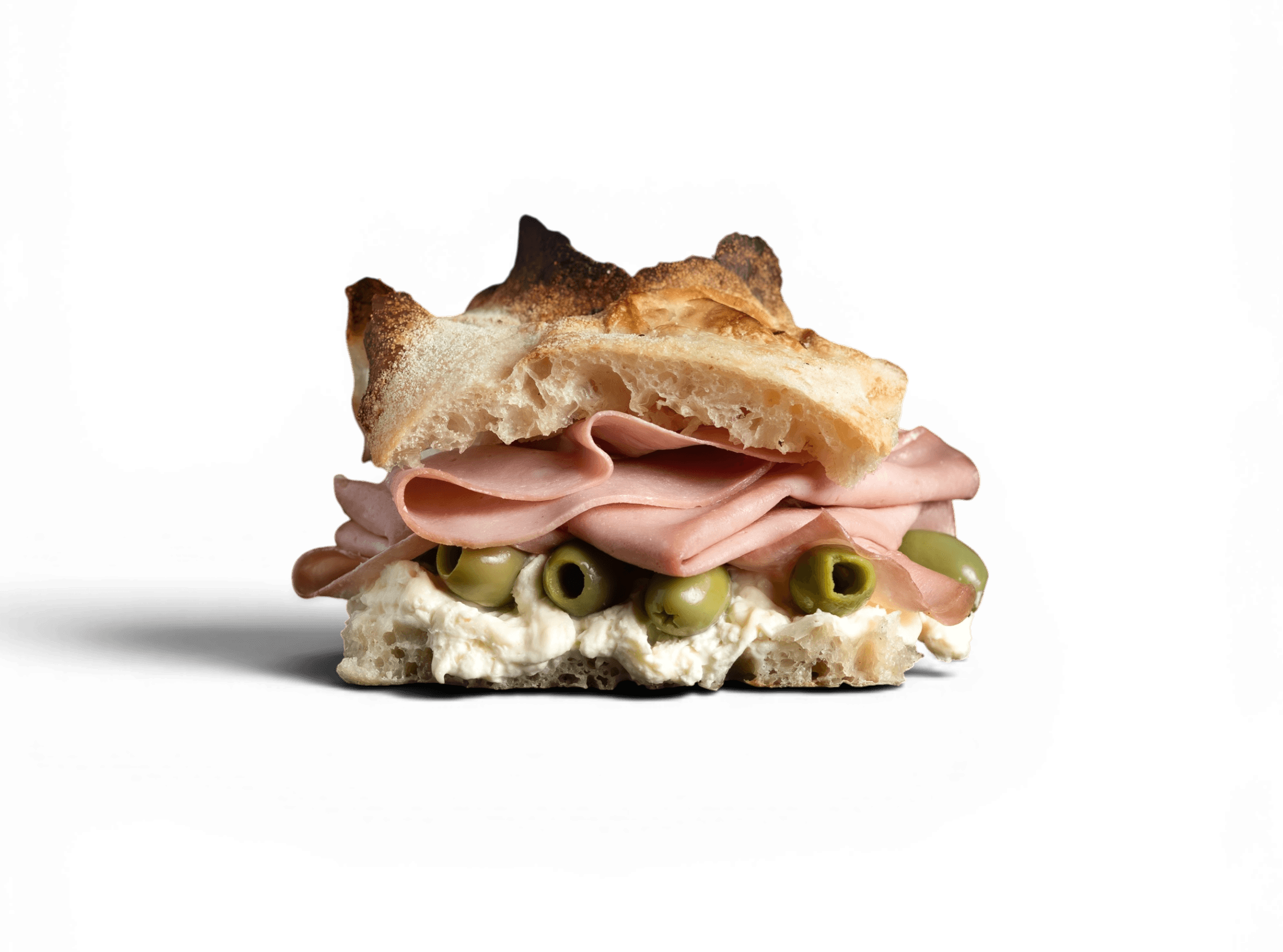 Panini sandwich with mortadella, olives, cream cheese on focaccia