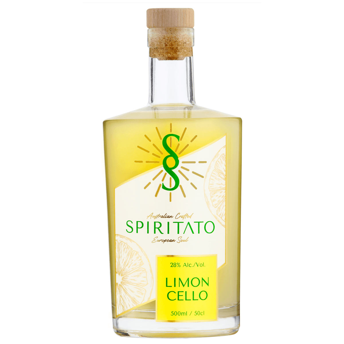 Bottle of Spiritato Limoncello with lemon-themed gold label