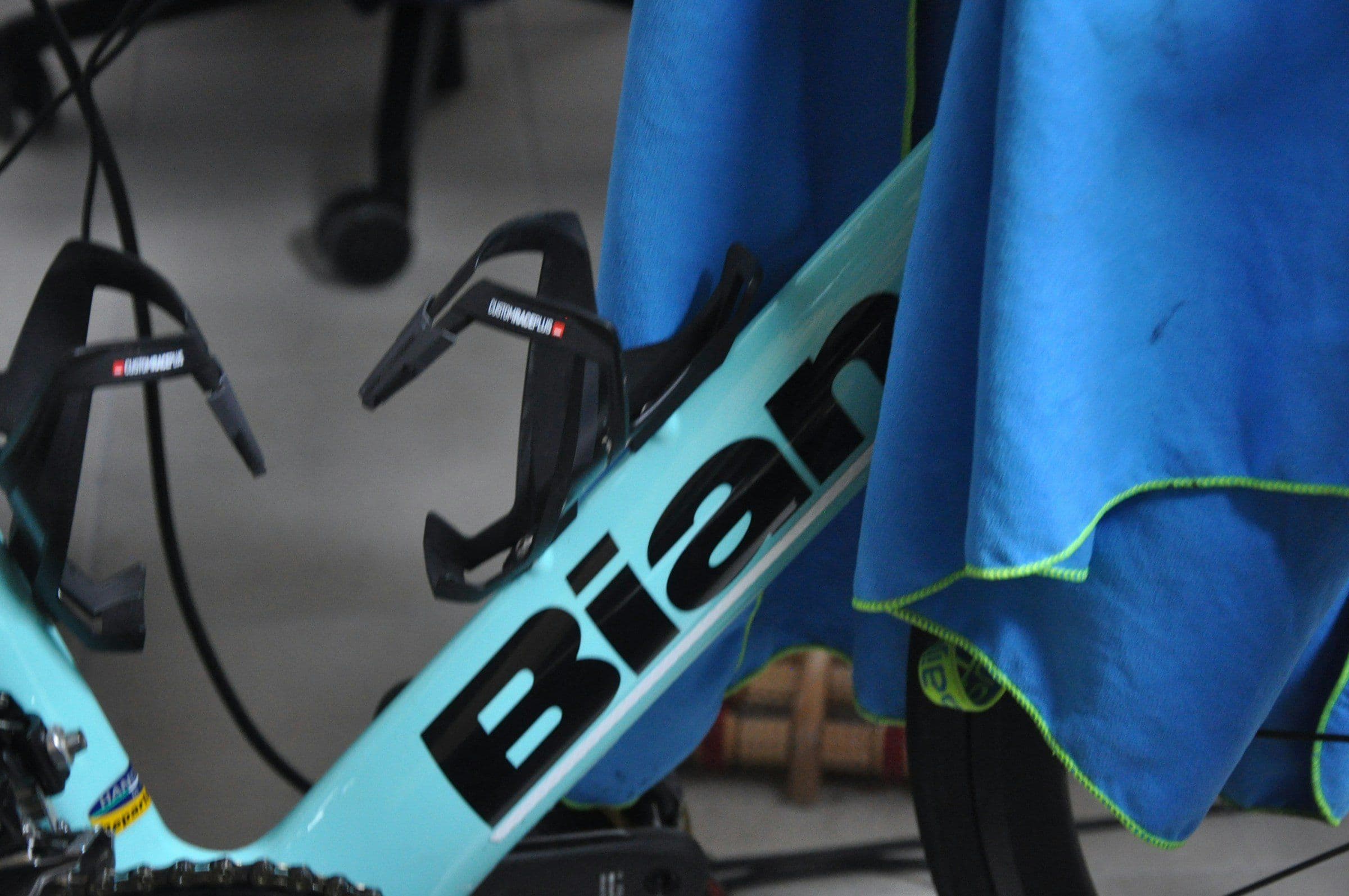 Close-up of a celeste Bianchi bicycle