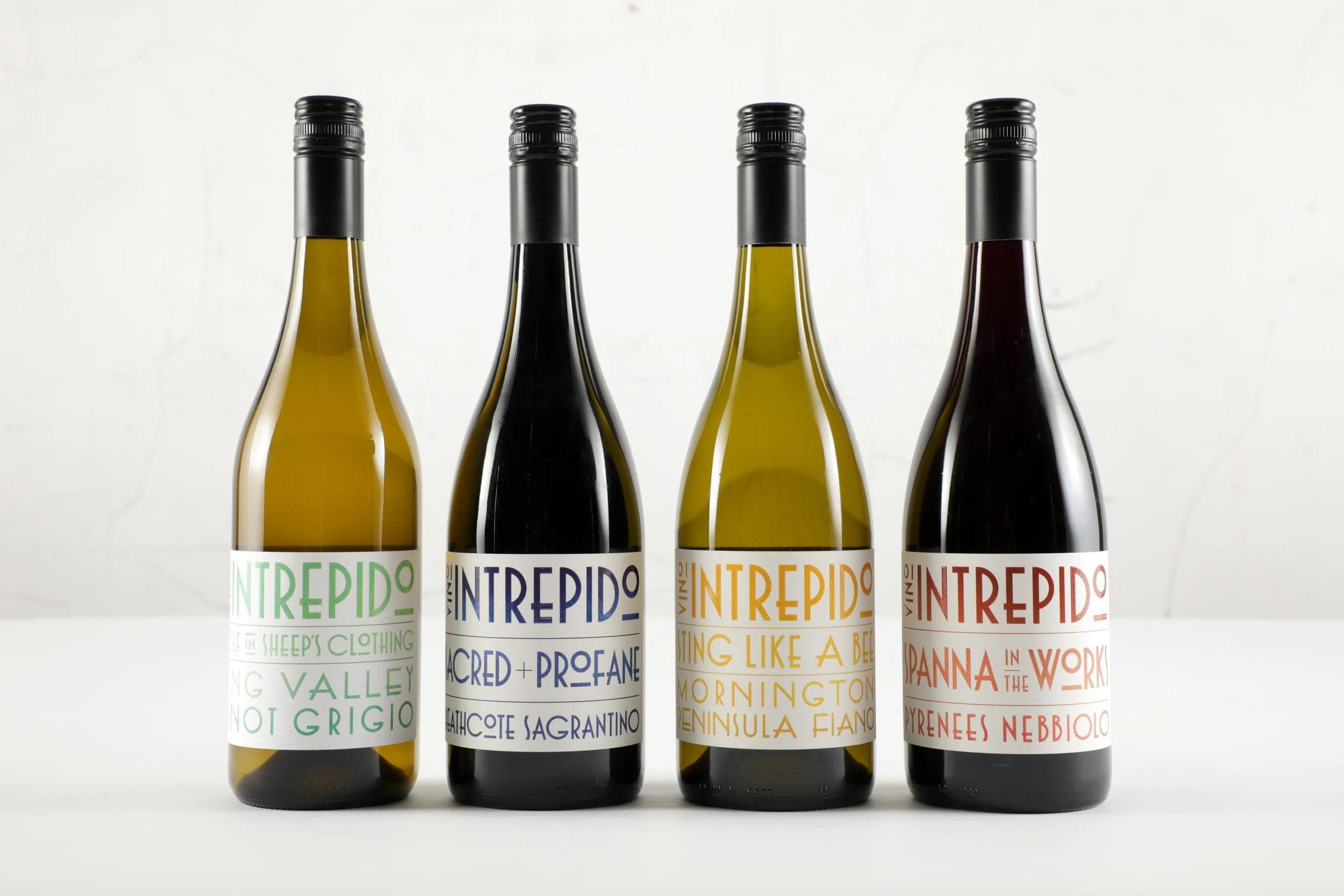 Four Vino Intrepido wine bottles with colourful hand-lettered labels lined up