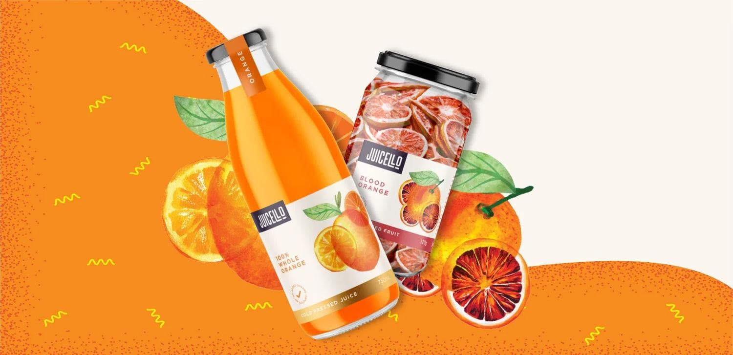 Juicello orange and blood orange juice bottles with fruit graphics
