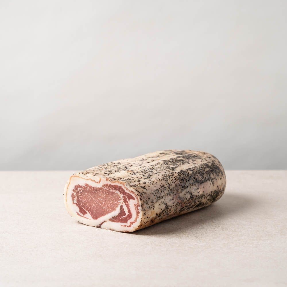 Rolled pancetta salami sliced showing marbled meat cross-section