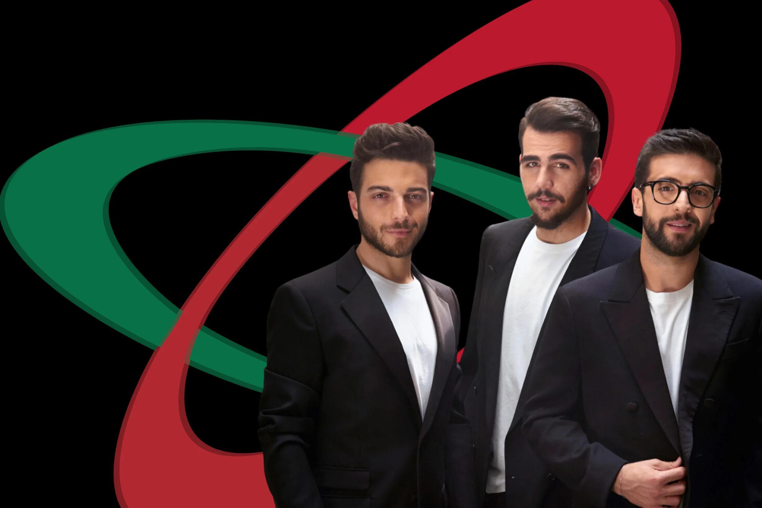 Three men in suits with red green swirl logo