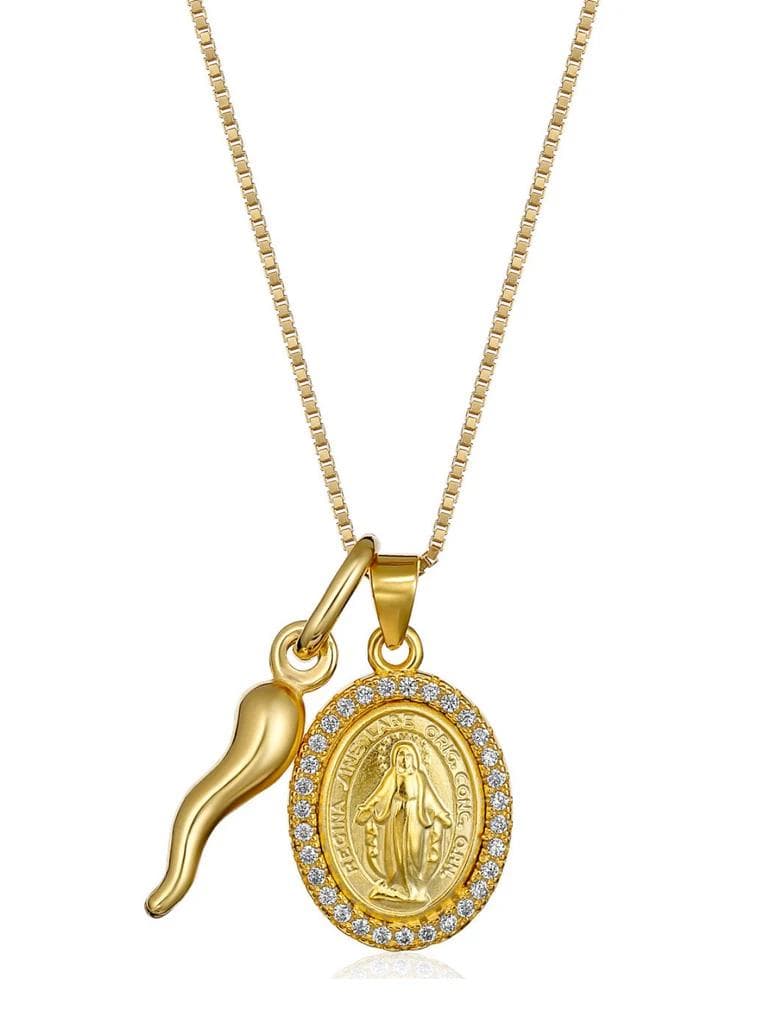 Gold necklace with Italian horn charm and Virgin Mary pendant