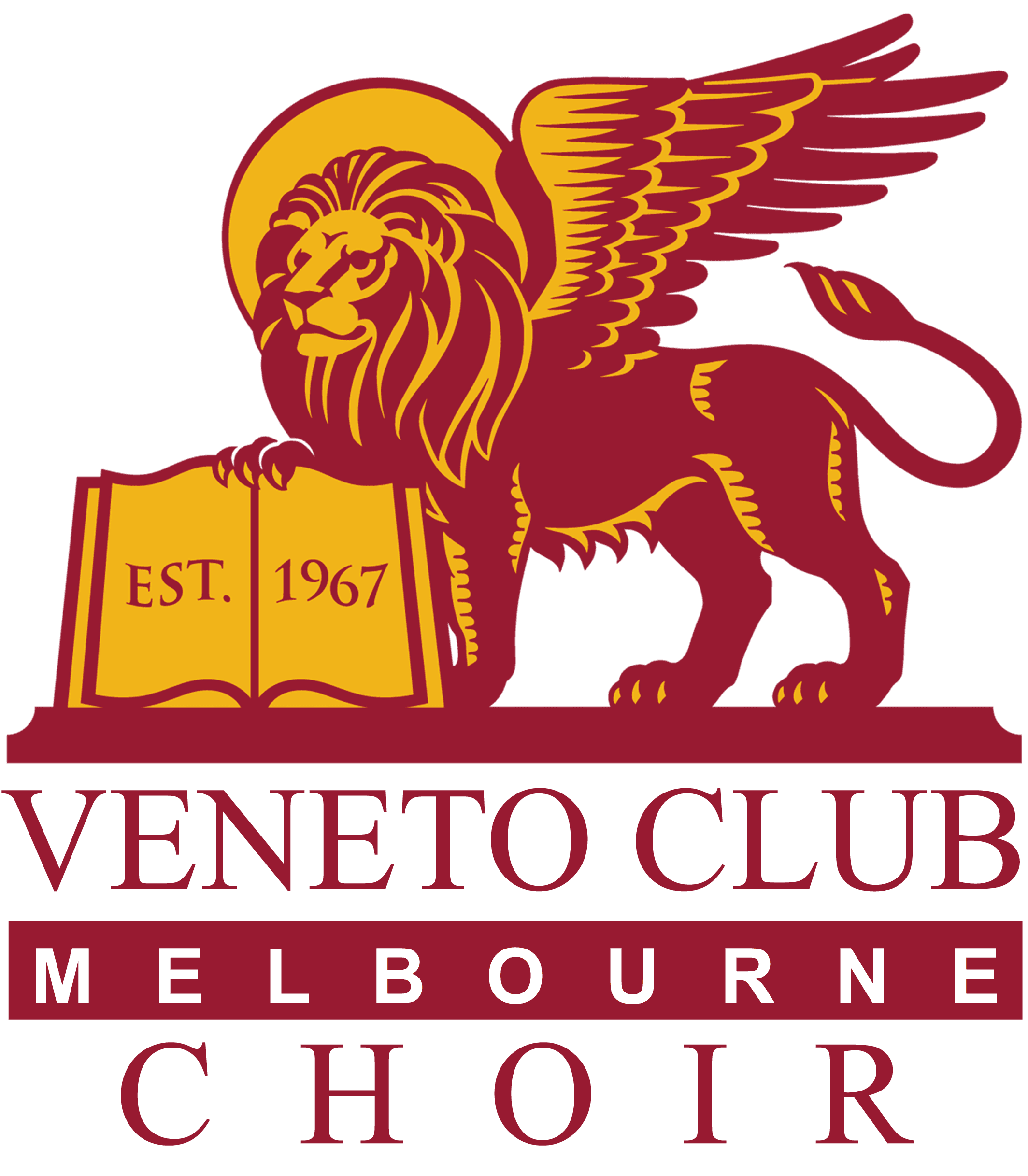 Winged lion holding open book marked 1967, red and gold colors, Veneto Club Melbourne Choir text below