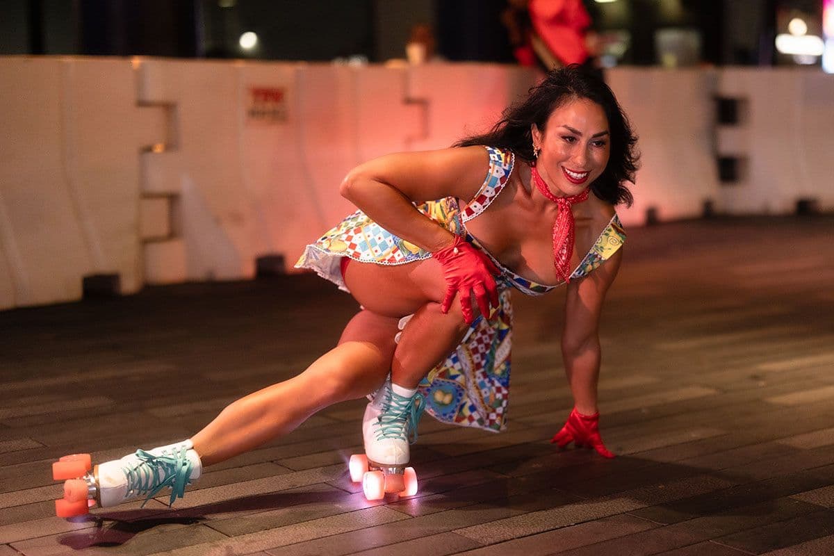 Performer on an illuminated stage at night