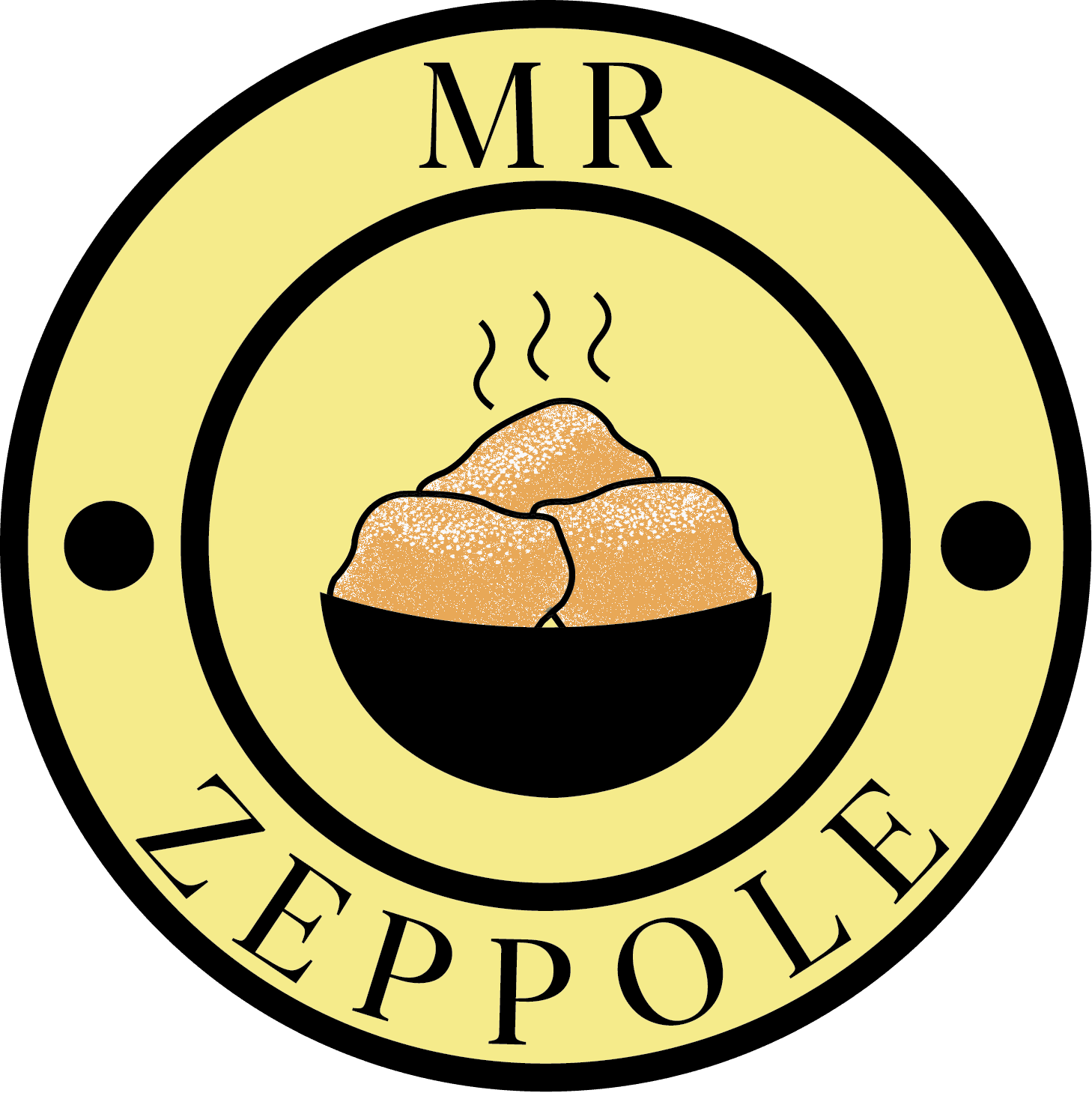 Mr Zeppole logo with bowl of sugared zeppole donuts