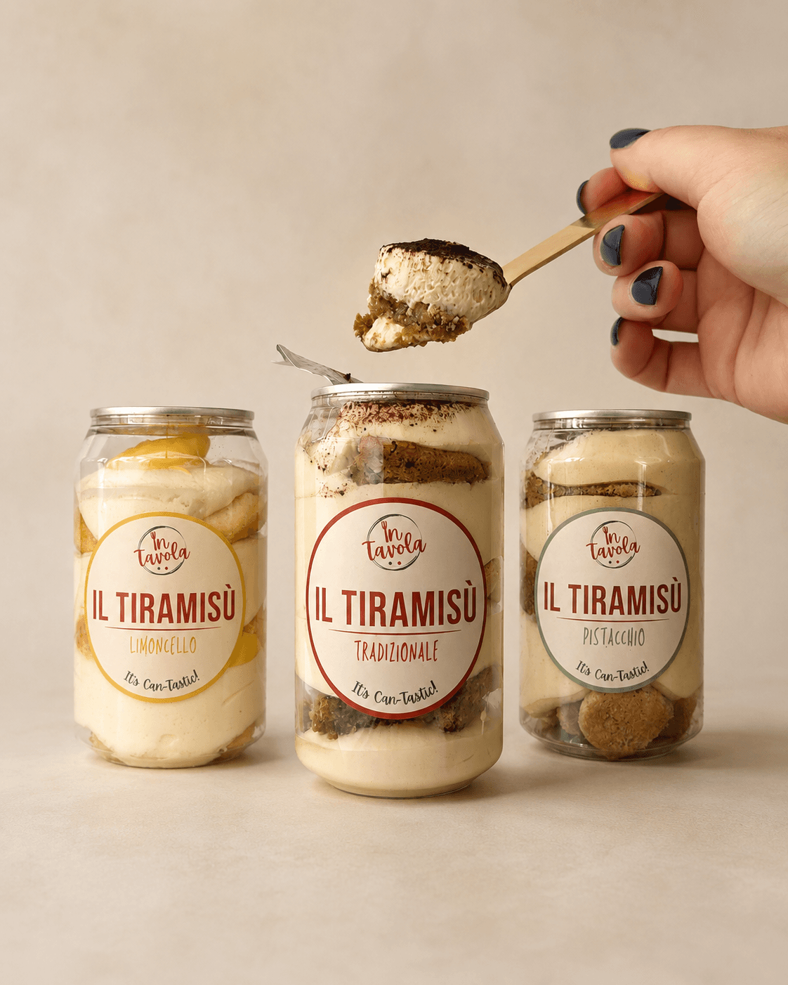 Jars of In Tavola tiramisu in a can