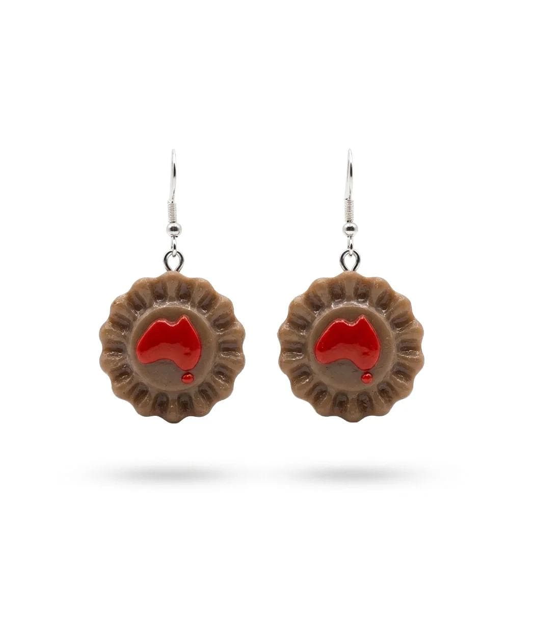Two jam biscuit shaped earrings with red Australia map design