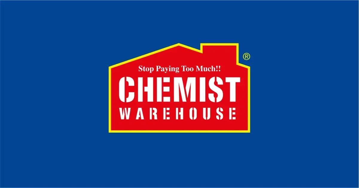 Chemist Warehouse red and yellow logo on blue background